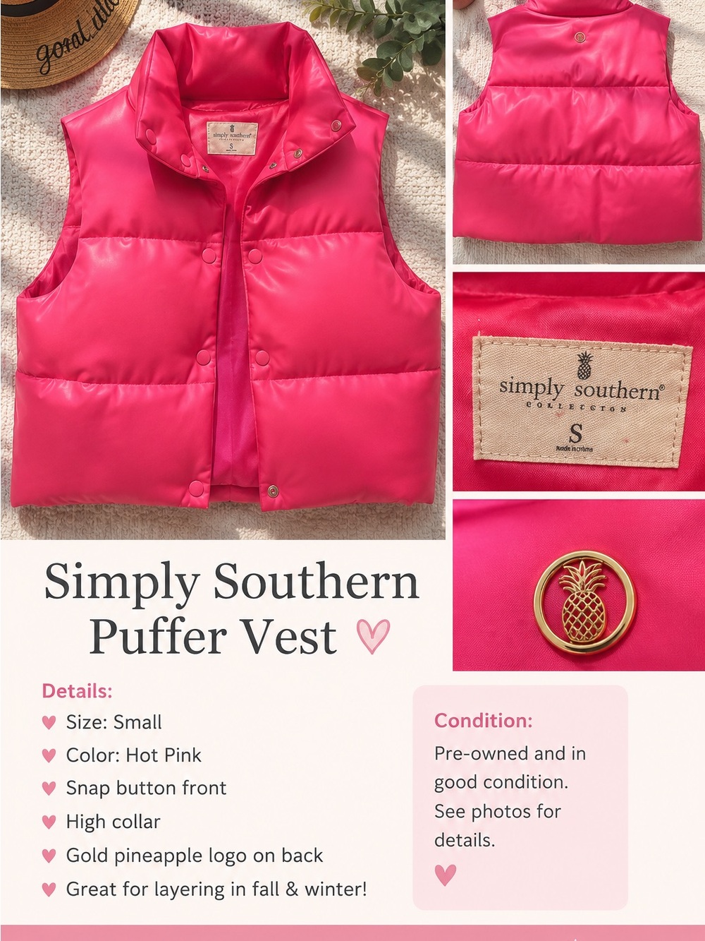 Simply Southern women’s Hot Pink Puffer Vest - Small
